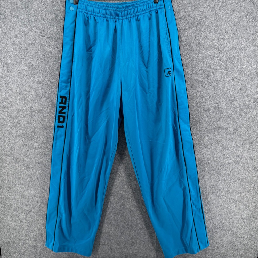 Y2K AND1 Snap Track Pants Mens L Blue Black Stripe Basketball Warm Up Athletic